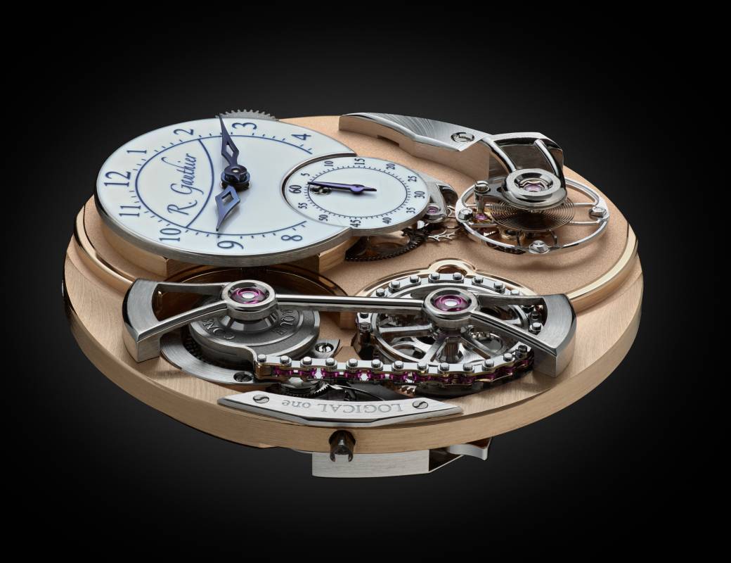 Romain Gauthier Logical One white gold white enamel dial movement close-up 1