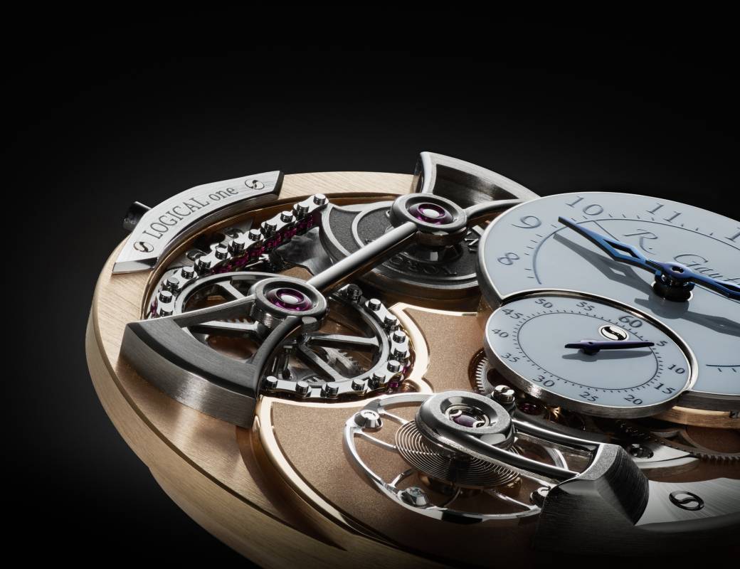 Romain Gauthier Logical One white gold white enamel dial movement close-up 6