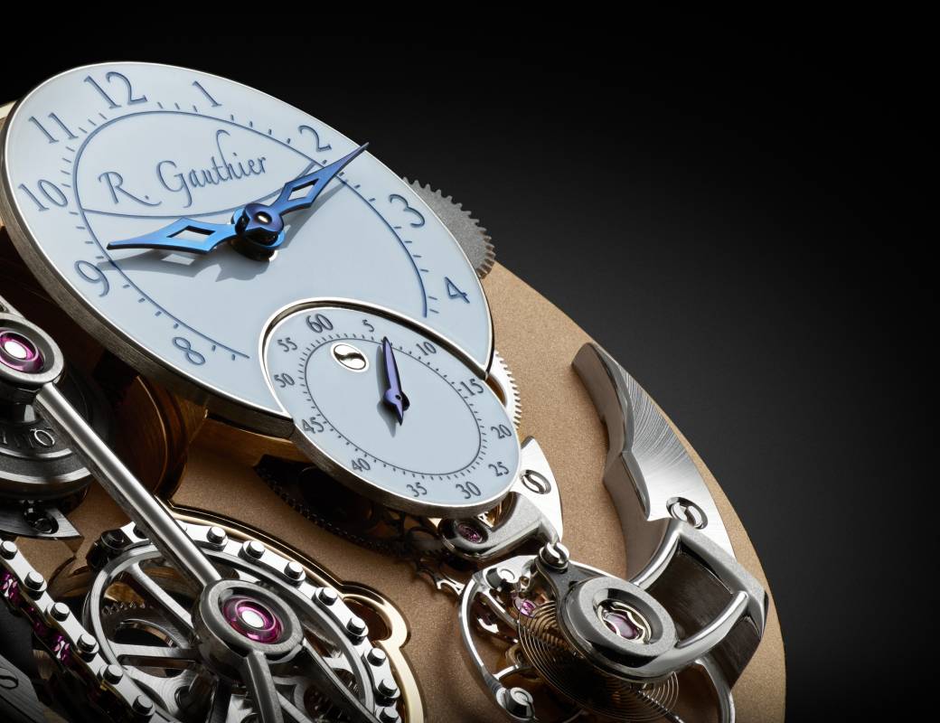 Romain Gauthier Logical One white gold white enamel dial movement close-up 8